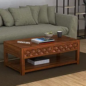 Ganpati Arts Solid Sheesham Wood Centre Coffee Table with 2 Drawer Storage for Living Room Wooden Teapoy for Home (Natural Finish) 1 Year Warranty