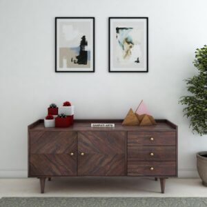 Ganpati Arts Sheesham Wood Sideboard Storage Cabinet with 3 Drawers and 2 Door for Living Room Home Office (Walnut Finish)