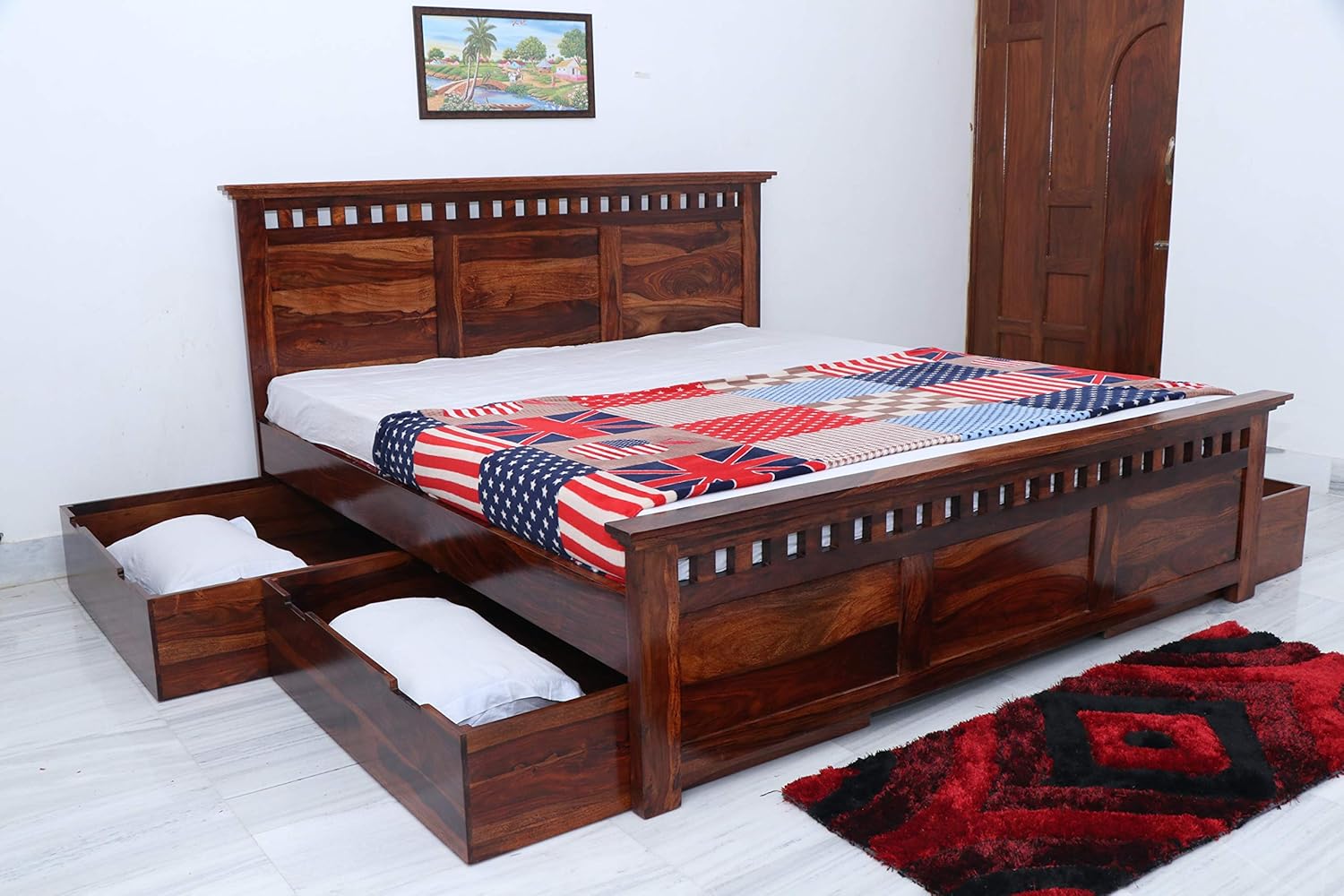 Ganpati Arts Sheesham Wood King Size Bed with 4 Drawer Storage | Natural Finish