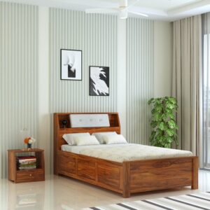 Ganpati Arts Solid Sheesham Wood Marine Groove 4 Feet Bed with Box Storage and Large Headrest for Living Room Bedroom Home (Natural Finish) 1 Year Warranty
