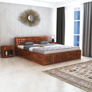 Solid Sheesham Wood Queen Size Bed with Storage | Honey Finish