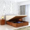 Solid Sheesham Wood Hynes King Size Bed with Hydraulic Box Storage and Upholstered Headboard