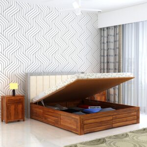 Solid Sheesham Wood Hynes King Size Bed with Hydraulic Box Storage and Upholstered Headboard