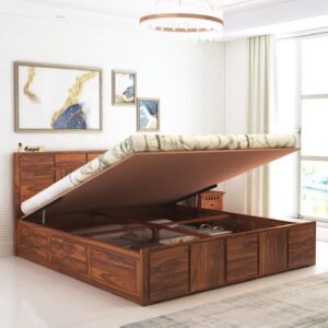 Ganpati Arts Solid Sheesham Wood Scott King Size Bed with Hydraulic Storage Wooden Double Bed Palang for Bedroom - Natural Finish 1 Year Warranty