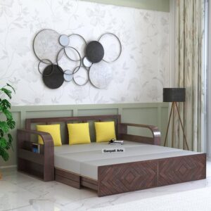 Ganpati Arts Solid Sheesham Wood Wave 3 Seater Sofa Cum Bed with Footboard and Side Pockets for Storage Wooden Sofa Furniture for Living Room Home (Walnut Finish)