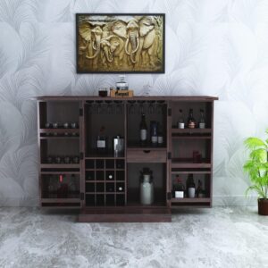 Ganpati Arts Sheesham Wood Bar Cabinet for Home Mini Bar Cabinet Solid Wooden Wine Storage Shelf Rack with Drawer and Glass Holder -Walnut Finish 1 Year Warranty