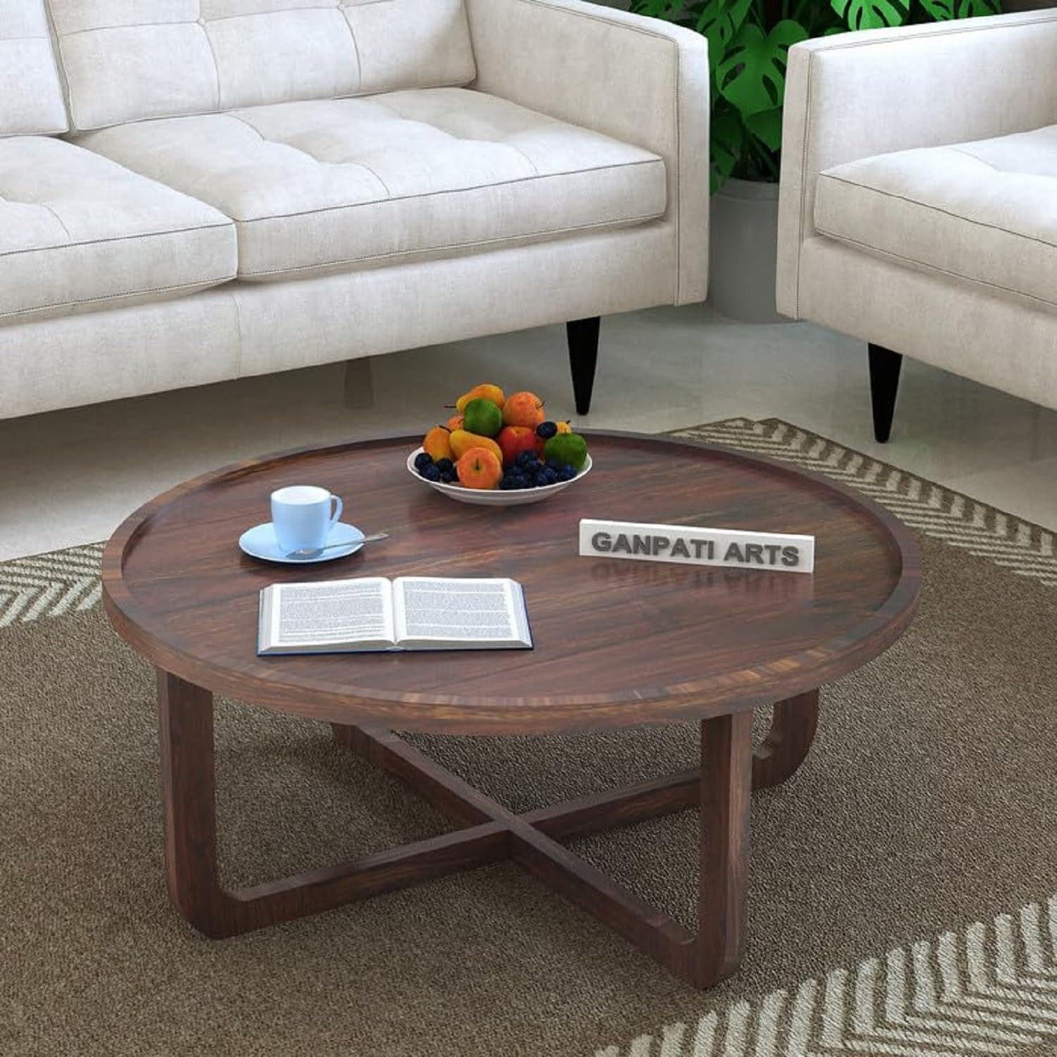 Ganpati Arts Solid Sheesham Wood Round Coffee Table (Walnut Finish)