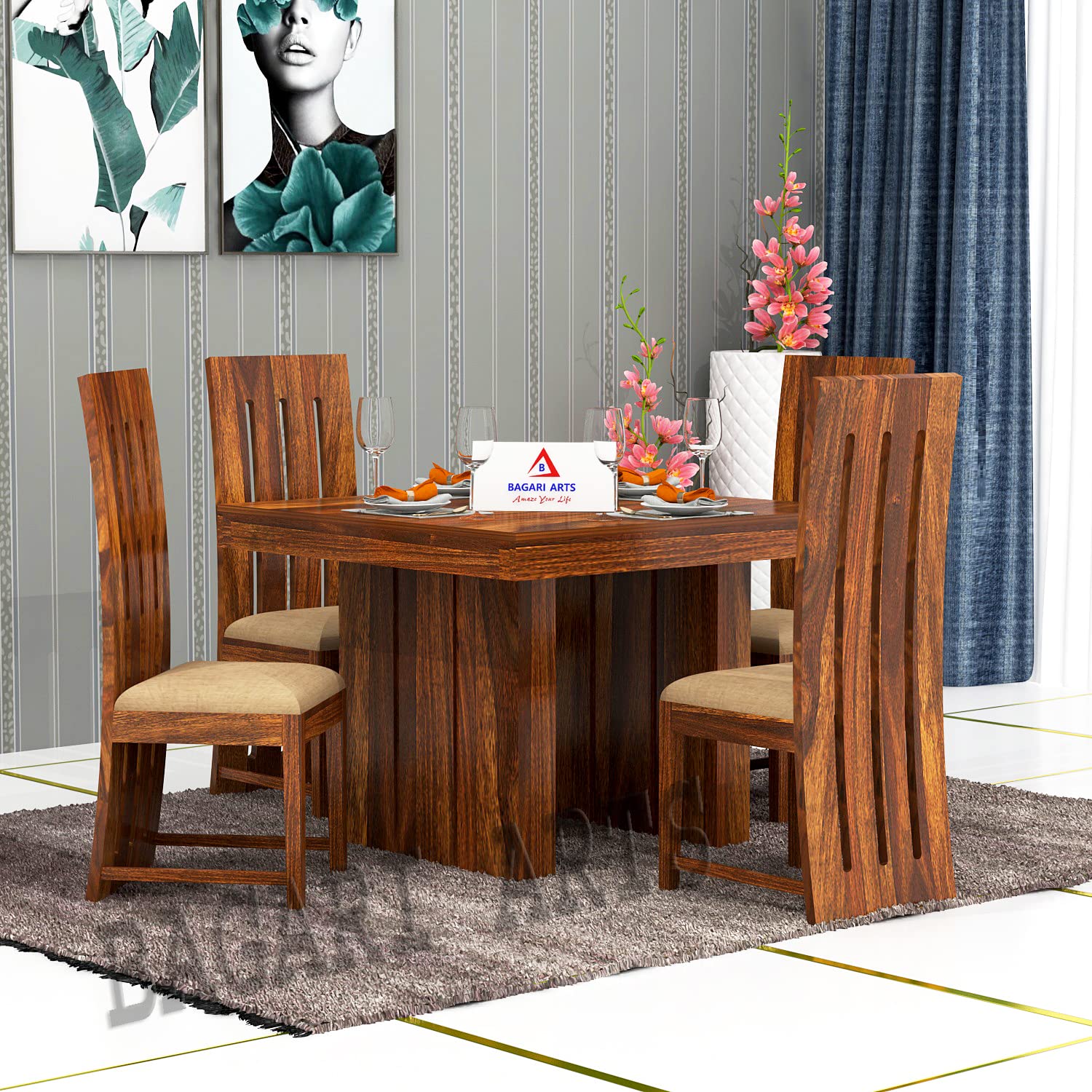 Solid Sheesham Wood 4 Seater Dining Table (Teak Finish)