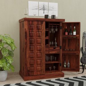Sheesham Wood Bar Cabinet with Storage Wooden Bar Units for Home Living Room (Honey Finish)