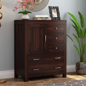 Furniture Premium Solid Sheesham Wood 5 Chest of Drawers with Elegant and Spacious Dresser for Storage Books/Cloths & Decor for Living/Bedroom/Office Furniture (Jackson, Walnut Finish)
