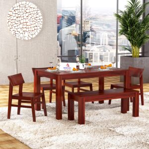 Sheesham Wood 6 Seater Dining Table with Chair Wooden Dining Room Furniture Set (Mahogany)