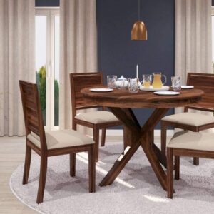 Wood 4 Seater Round Dining Table with Chairs Set
