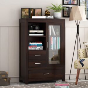 Wooden Book Shelf & Chest of Drawers for Home Library Book Shelf Cabinet with Glass Door 2 Drawer Storage Home Office Living Room Book Shelves Open Bookcase Books Rack (Walnut)