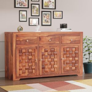 Solid Sheesham Niwar Wood Natural 3 Drawers and 3 Shelves Chest of Drawer, Storage Organizer Sideboard, Kitchen Cabinet, Cupboard Furniture for Bedroom, Living Room, Home & Office