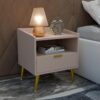 Wooden Bedside Table for Bedroom | Wooden Bed Side Nightstand Lamp Table with 1 Drawers & Open Shelf Storage for Home & Hotels | HDMR Premium Wood & Iron Legs, Light Beige
