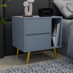 Wooden Bedside Table for Bedroom | Wooden Bed Side Nightstand Lamp Table with 2 Drawers & Open Shelf Storage for Home & Hotels |HDMR Premium Wood & Iron Legs,Matte Slate Blue (Pack of 2)