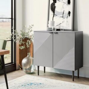 Prism Pattern Wooden Sideboard Cabinet | 2 Door Storage Unit with Metal Legs | Premium HDMR Wood Console Cabinet for Living Room, Kitchen & Dining | DIY Leg Assembly | Grey