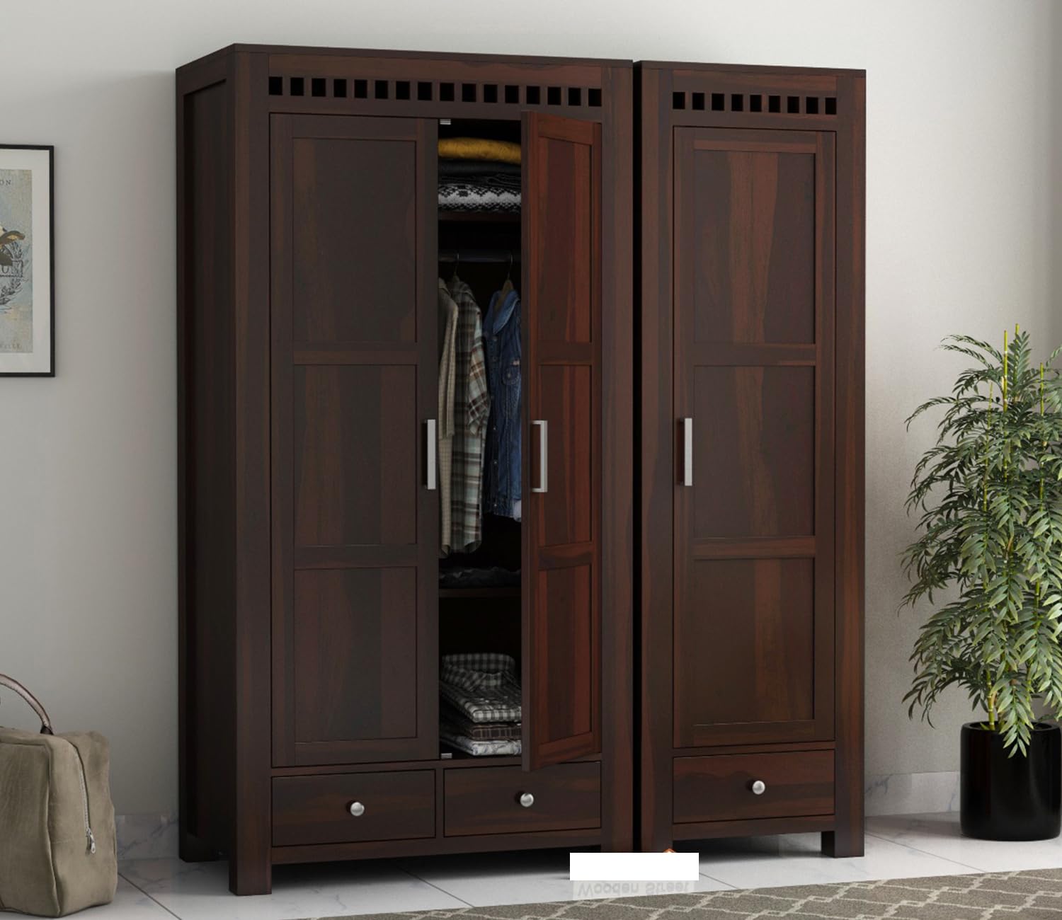 Solid Sheesham Wood Wooden 3 Door Wardrobe for Bedroom | Walnut Finish