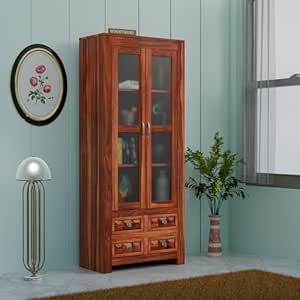 Solid Sheesham Book Shelf with Glass Door for Home & Library (Natural Finish)