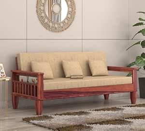 Solid Sheesham Wooden 3 Seater Sofa Set for Living Room (Natural Finish)