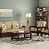 Solid Sheesham Wood Sofa Set 5 Seater Furniture, Wooden 5 Seater Sofa Set (3+1+1), Teak Wood Sofa Set Furniture | Home Living Room with Cushions (Mahogany Finish) - Brown