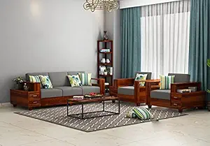 Tulsi Art WOODTREND Solid Sheesham Wood Sofa Set 5 Seater Furniture, Wooden 5 Seater Sofa Set, 3+1+1, Teak Wood Sofa Set Furniture Home Living Room with Cushions (Honey Finish) - Beige