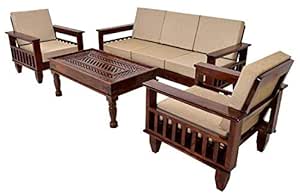 Tulsi Art WOODTREND Solid Sheesham Wood 5 Seater Furniture Sofa Set with Cushions (3+1+1, Brown, Teak Finish)