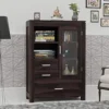 Wood Book Shelf for Home Library || Wooden Book Shelf Cabinet with Glass Door Drawer Storage || Home Furniture || Kitchen Cabinet Crockery Unit, Bookcase,Walnut Finish