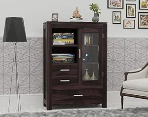 Wood Book Shelf for Home Library || Wooden Book Shelf Cabinet with Glass Door Drawer Storage || Home Furniture || Kitchen Cabinet Crockery Unit, Bookcase,Walnut Finish