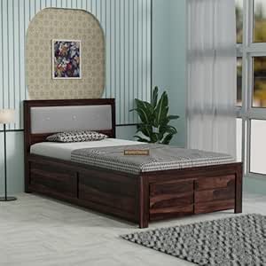 Sheesham Wood Single Size Bed with Drawer Storage and Cushion Headboard for Bedroom Living Room Home Wooden Palang Bed (Walnut Finish)