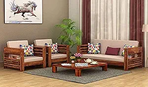 Sheesham Wood Wooden 5 Seater Sofa Set Home Living Room | Solid Wood Sofa Set 3+1+1 | Sheesham Wood Furniture Sofa Set | Without Pillow | Cream Cushions| Honey Finish