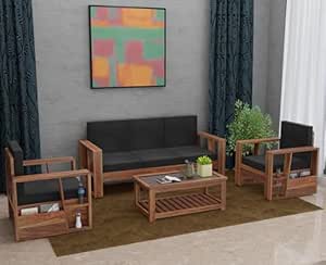 Home Furniture Sheesham Wood Sofa Set 5 Seater for Living Room | Wooden Sofa Set Furniture | Sofa Set 3+1+1 | Without Pillow, Hall Sofa Set | 5 Seater,Natural Finish, Grey