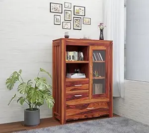 Wood Book Shelf for Home Library || Wooden Bookshelf Cabinet with Glass Door Drawer Storage |Home Furniture | Bookcase,Honey