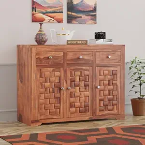 Solid Sheesham Wood Sideboard Cabinet with 3 Drawer and 3 Door Storage for Living Room Home and Office (Natural Finish)