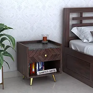 Ganpati Arts Sheesham Wood Wave Bedside Table with Granite Top for Bedroom End Table with 1 Drawer and 1 Shelf Storage for Home (Walnut Finish) 1 Year Warranty