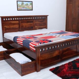 Ganpati Arts Sheesham Wood King Size Bed with 4 Drawer Storage | Natural Finish