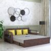 Ganpati Arts Solid Sheesham Wood Wave 3 Seater Sofa Cum Bed with Footboard and Side Pockets for Storage Wooden Sofa Furniture for Living Room Home (Walnut Finish)