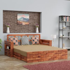 Solid Sheesham Wood Sofa Cum Bed Furniture Set with Storage and Cushions for Living Room