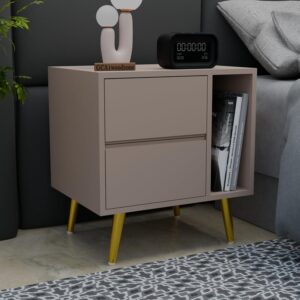 Wooden Bedside Table for Bedroom | Wooden Bed Side Nightstand Lamp Table with 2 Drawers & Open Shelf Storage for Home & Hotels | HDMR Premium Wood & Iron Legs, Light Beige (Pack of 2)