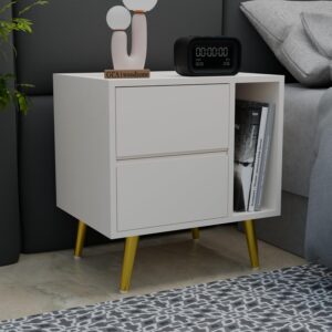Wooden Bedside Table for Bedroom with Drawers & Shelf