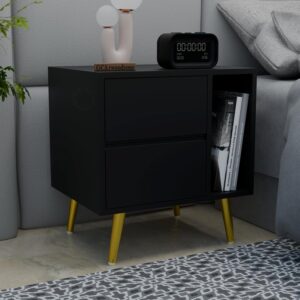 Wooden Bedside Table for Bedroom | Wooden Bed Side Nightstand Lamp Table with 2 Drawers & Open Shelf Storage for Home & Hotels | HDMR Premium Wood & Iron Legs, Black Finish