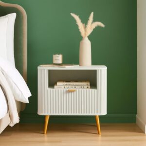Wooden Bedside Table for Bedroom | Wooden Bed Side Nightstand Lamp Table with 1 Drawers & Open Shelf Storage for Home & Hotels | HDMR Premium Wood & Iron Legs, White