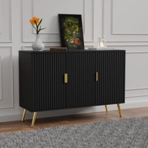 Wooden Sideboard Cabinet for Living Room | Side Board with 3 Doors Cabinet Storage for Dining, Drawing and Home Office | HDMR Premium Wood & Iron, Black & Golden