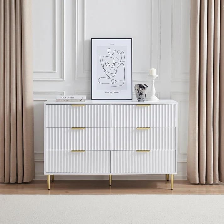Wooden Chest of Drawers | 6 Drawer Dresser Storage Cabinet for Bedroom & Living Room | Modern Sideboard Console Table | Multipurpose Organizer | Premium HDMR Wood & Iron, White & Golden