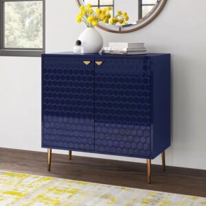 Hexagon Pattern Wooden Sideboard Cabinet | 2 Door Storage Unit with Metal Legs | Premium HDMR Wood Console Cabinet for Living Room, Kitchen & Dining | DIY Leg Assembly | Blue