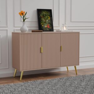Wooden Sideboard Cabinet for Living Room | Side Board with 3 Doors Cabinet Storage for Dining, Drawing and Home Office | HDMR Premium Wood & Iron, Taupe & Golden