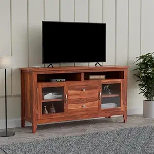 Sheesham Wood TV Stand with 2 Door and 2 Drower and Shelf Storage Entertainment Unit Tv Cabinet for Living Room Home (Natural Finish)