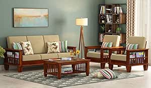 Home Furniture Wood Sofa Set 5 Seater Living Room || Wood Sofa Set || Without Pillow || Sofa Set 5 Seater || Five Seater Sofa Set || Office Furniture Sofa Set || 3+1+1, Honey Finish