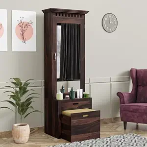 Sheesham Solid Wood Wooden Dressing Table for Bedroom with 1 Drawer and 1Cushioned Stool Mirror and Huge Storage Space | Long Dresser Table (Walnut Finish)