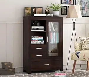 Wood Book Shelf for Home Library || Wooden Bookshelf Cabinet with Glass Door Drawer Storage || Home Office Living Room || Book Shelf,Walnat